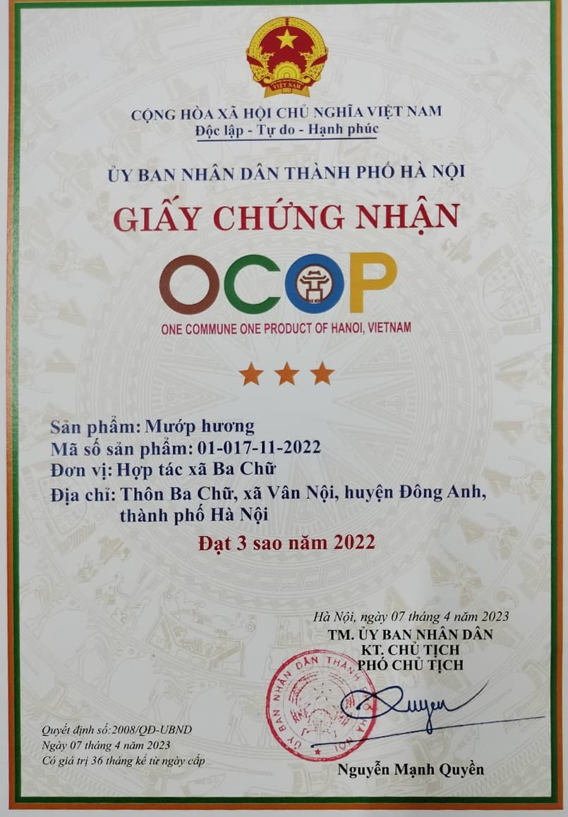 Giấy chứng nhận OCOP sản phẩm: Mướp hương Ba Chữ